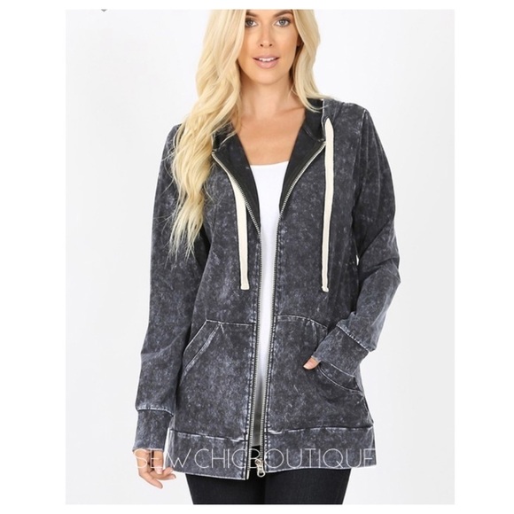 Mineral Wash Zipper Hoodie Jacket Blue Gray - Picture 3 of 4